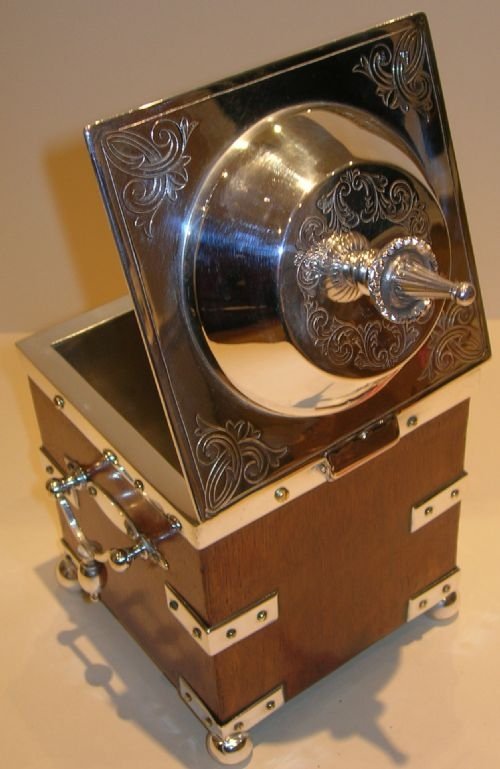 fig 1. Fabulous English Oak and Silver Plated Biscuit Box / Tea Caddy