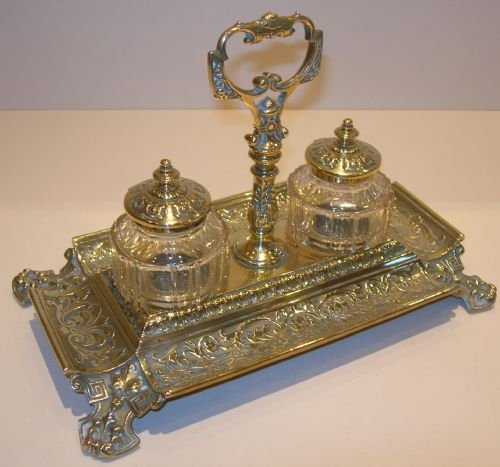 Handsome Victorian Brass Inkstand - Double Cut Glass Inkwells