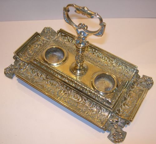 fig 1. Handsome Victorian Brass Inkstand - Double Cut Glass Inkwells