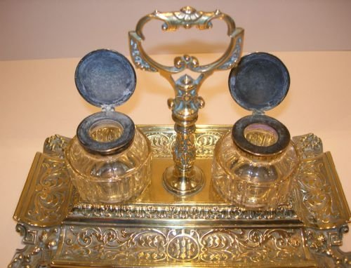 fig 2. Handsome Victorian Brass Inkstand - Double Cut Glass Inkwells