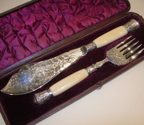Grandest Antique Silver Plated and Ivory Fish Servers - Boxed