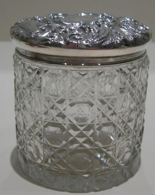 fig 1. Antique Cut Crystal and Sterling Silver Vanity Jar - Doves - 1903