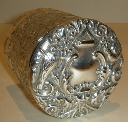 Antique Cut Crystal and Sterling Silver Vanity Jar - Doves - 1903
