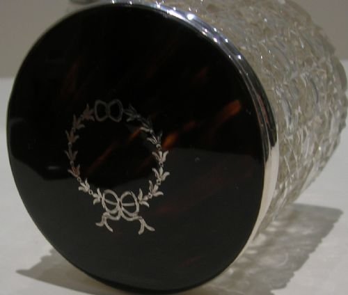 Cut Crystal Vanity Jar - Tortoise Shell and Sterling Silver Lid - Silver Pique Lid