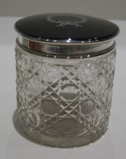 fig 1. Cut Crystal Vanity Jar - Tortoise Shell And Sterling Silver Lid - Silver Pique Lid