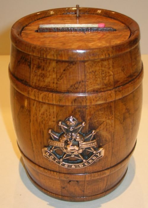 Antique English Military Novelty Oak Barrel Table Vesta - Notts & Derby