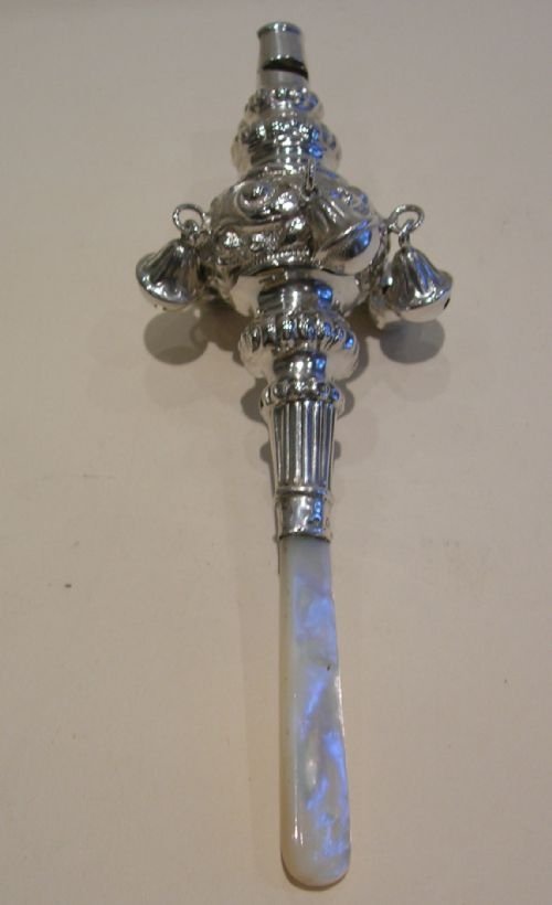 fig 1. Beautiful Antique English Sterling Silver And Mother of Pearl Baby's Rattle and Whistle