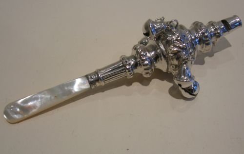 Beautiful Antique English Sterling Silver and Mother of Pearl Baby's Rattle and Whistle