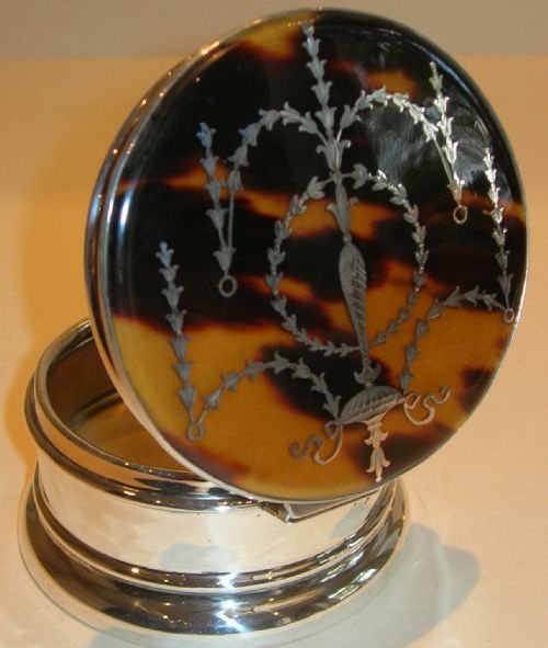 Magnificent Large Sterling Silver Box - Tortoise Shell and Silver Pique Lid