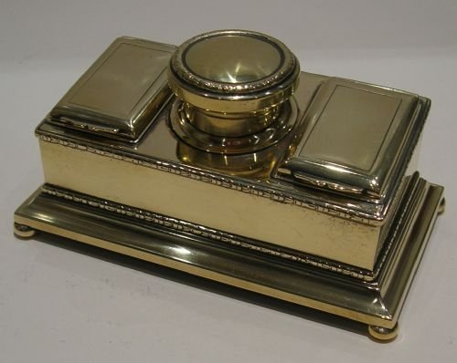 Unusual Antique English Brass Double Inkwell and Double Postage Stamp Box - Victorian