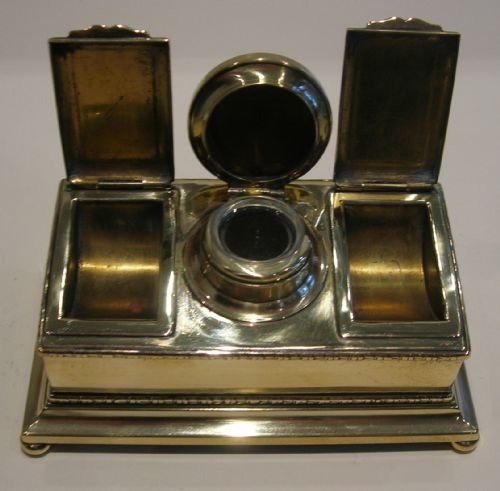 fig 1. Unusual Antique English Brass Double Inkwell And Double Postage Stamp Box - Victorian