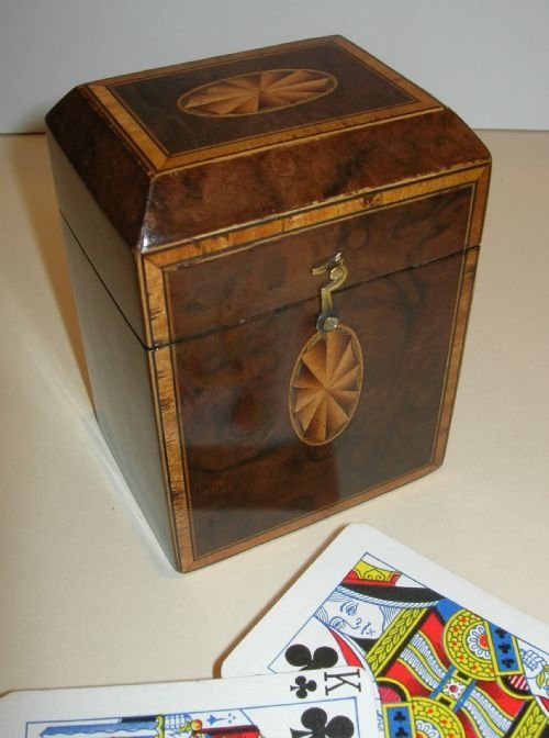 Antique English Inlaid Burr Walnut Playing Card Box