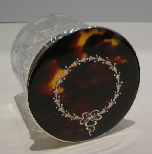 Large Cut Crystal Vanity Jar / Pot - Sterling Silver and Tortoise Shell Lid