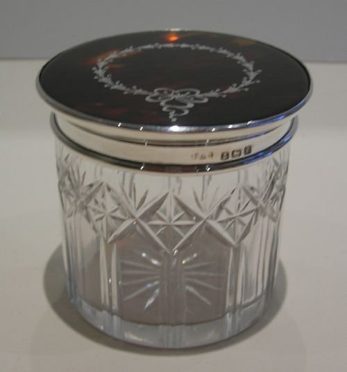 fig 1. Large Cut Crystal Vanity Jar / Pot - Sterling Silver and Tortoise Shell Lid