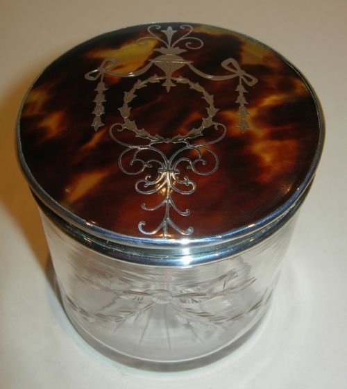 Pretty Engraved Crystal Vanity Jar - Sterling Silver and Tortoise Shell Lid