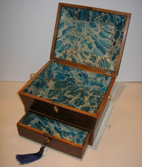 fig 1. English Georgian Inlaid Burl Yew Sewing / Jewellery Box c. 1810