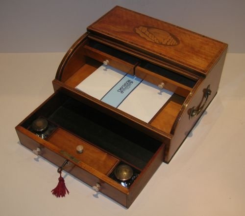 Fabulous Georgian Satinwood Tambour Writing / Stationery Box - Conch Shell Inlay