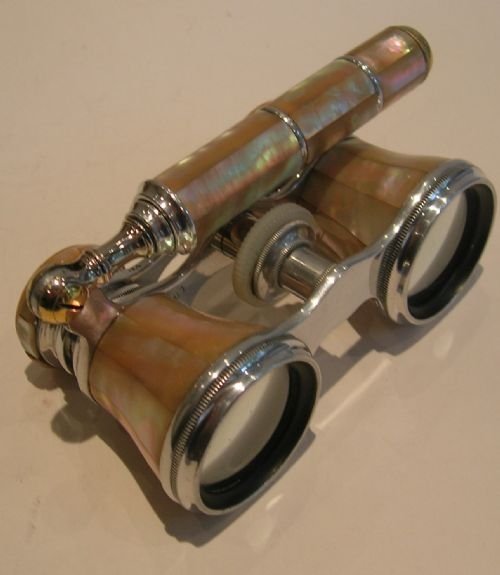 fig 1. Pair French Mother of Pearl Opera Glasses - Extending Lorgnette Handle