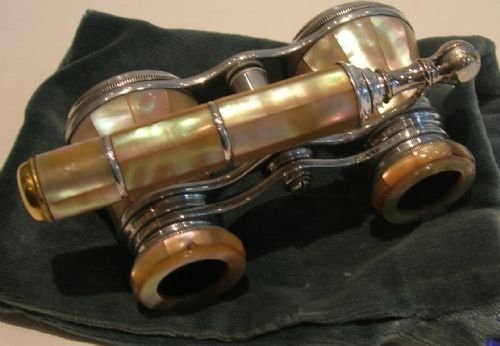 Pair French Mother of Pearl Opera Glasses - Extending Lorgnette Handle