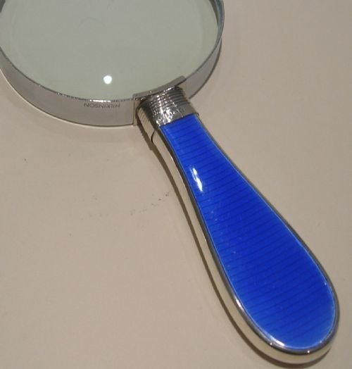 Antique English Sterling Silver and Guilloche Enamel Handled Magnifying Glass