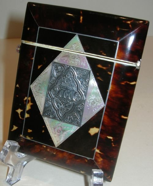 Antique English Tortoiseshell, Mother of Pearl and Sterling Silver Card Case