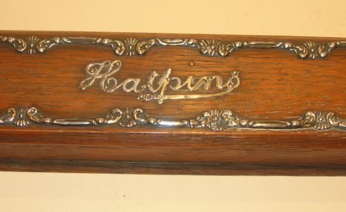Antique English Sterling Silver Mounted Solid Oak Hairpins Box - 1904