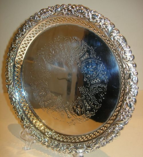fig 1. Antique English Silver Plated Salver / Tray - Heart Engraving - Victorian