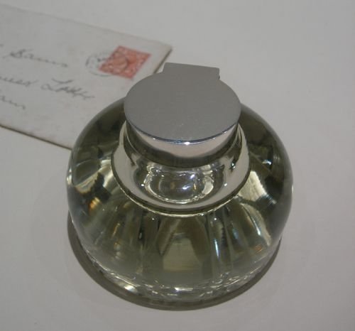 English Sterling Silver Topped Cut Crystal Inkwell / Paperweight