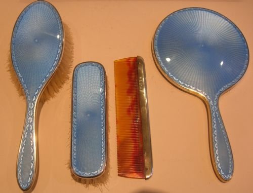 fig 1. Outstanding Sterling Silver & Blue Guilloche Enamel Dressing Table Set