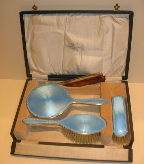 Outstanding Sterling Silver & Blue Guilloche Enamel Dressing Table Set