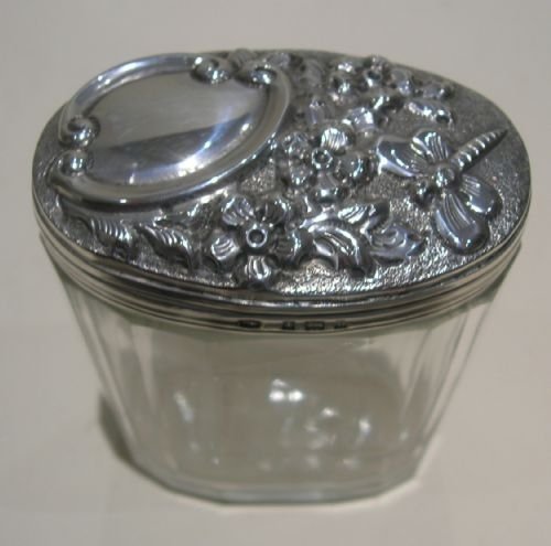 Pretty Antique Sterling Silver Lidded Vanity Jar - Flowers & Dragonfly