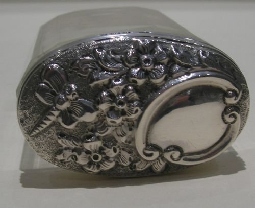 fig 1. Pretty Antique Sterling Silver Lidded Vanity Jar - Flowers & Dragonfly