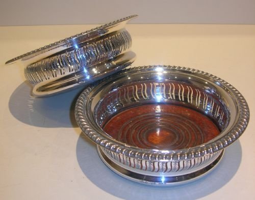 Pair Decorative Silver Plated Wine Coasters - Signed Barker Ellis