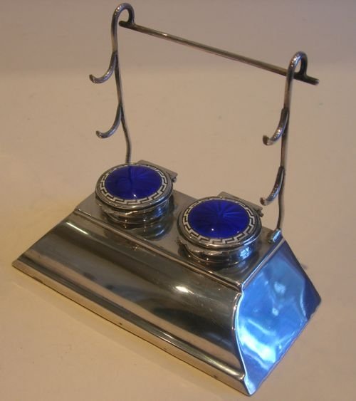Fabulous English Sterling Silver and Guilloche Enamel Inkwell