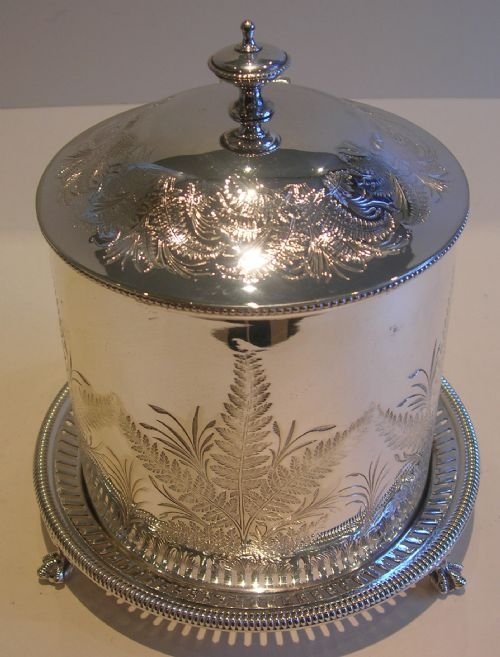 English Antique Silver Plated Biscuit Box / Barrel - Victorian Ferns