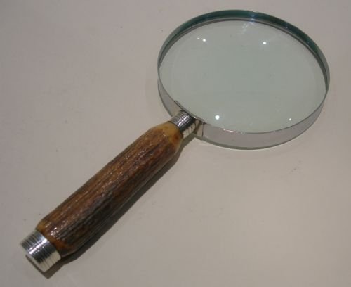 Huge Antler Handled Magnifying Glass - Sterling Silver - 1912 - 5" Lens