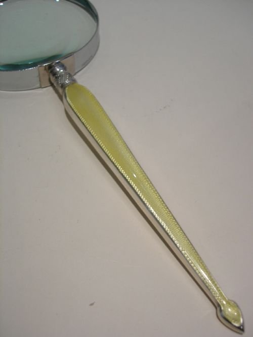 Large Elegant Sterling Silver and Yellow Guilloche Enamel Magnifying Glass