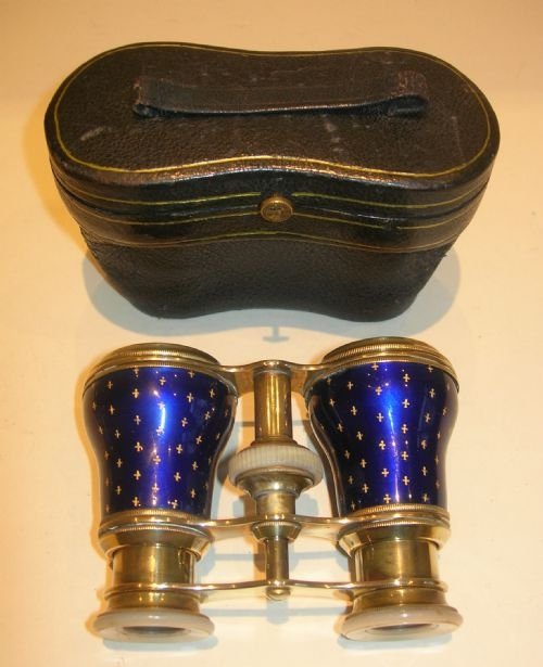 Exquisite Pair French Cobalt Blue Enamel and Mother of Pearl Opera Glasses
