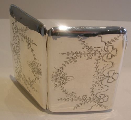 Pretty Antique English Sterling Silver Card Case - Bows, Garlands and Flower Basket
