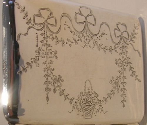 fig 1. Pretty Antique English Sterling Silver Card Case - Bows, Garlands and Flower Basket