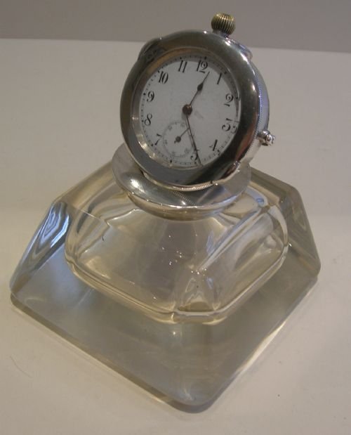 Antique English Crystal & Sterling Silver Pocket Watch Topped Inkwell - Swiss Sterling Silver Watch