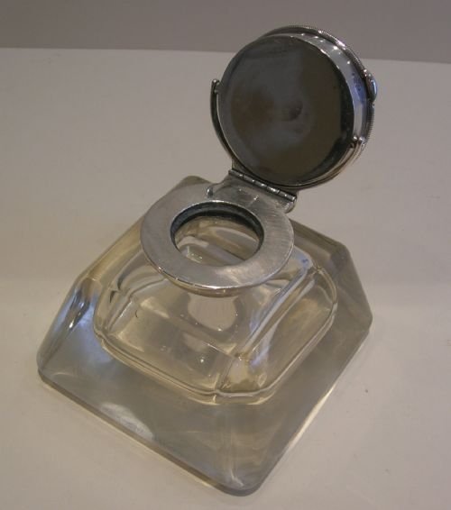 fig 2. Antique English Crystal & Sterling Silver Pocket Watch Topped Inkwell - Swiss Sterling Silver Watch