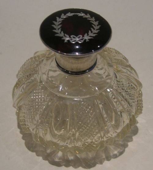 Antique Cut Crystal Perfume Bottle - Tortoiseshell & Sterling Silver Top - Pique Inlay