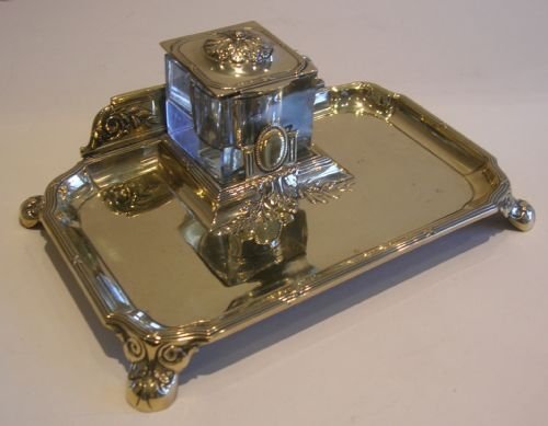 Handsome Antique English Brass Inkstand / Inkwell C.1880
