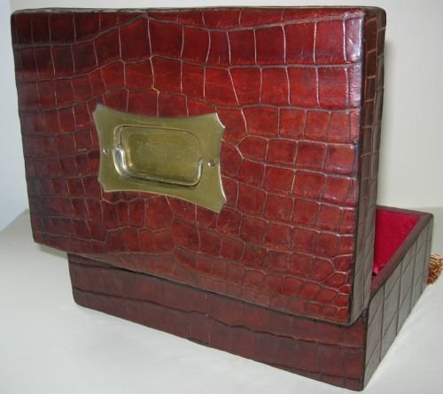 Large Antique Crocodile Skin Clad Sewing or Jewellery Box - Silk Lined