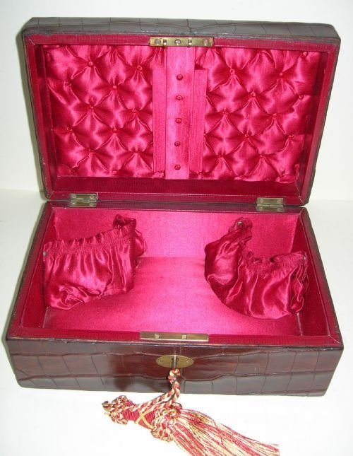 fig 1. Large Antique Crocodile Skin Clad Sewing Or Jewellery Box - Silk Lined
