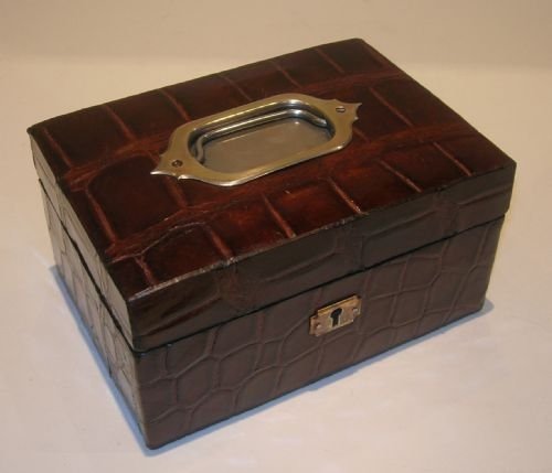 Antique English Crocodile or Alligator Skin Clad Jewelry Box