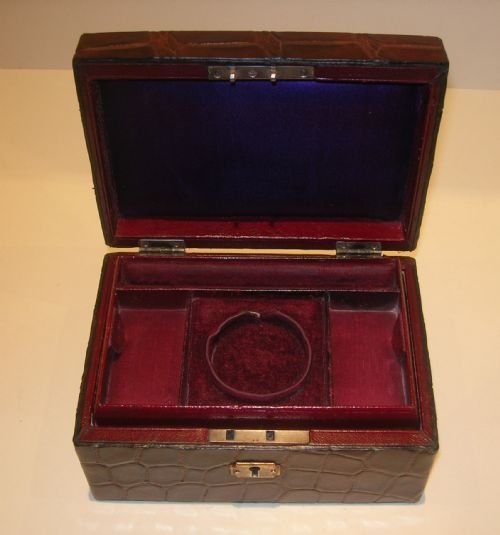 fig 1. Antique English Crocodile or Alligator Skin Clad Jewelry Box