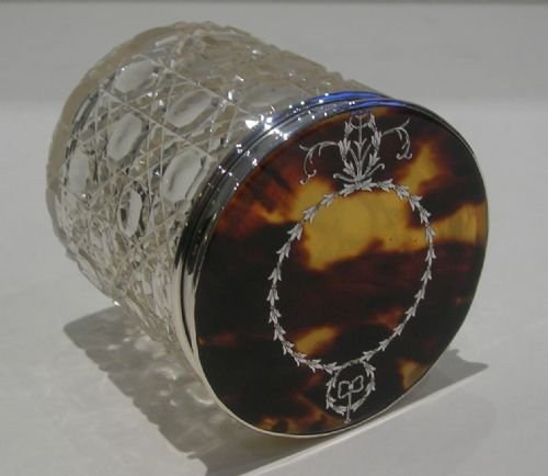 Beautiful Cut Crystal Jar - Sterling Silver & Tortoise Shell Lid - Pique Inlay