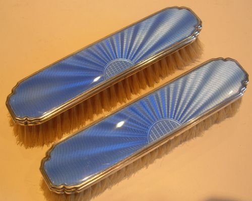 Stunning Pair Sterling Silver and Blue Guilloche Enamel Clothes Brushes